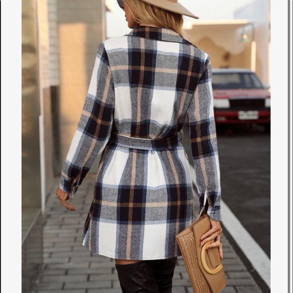 Cozy Plaid Button Up Belted Shirt Dress - Picture 5 of 6